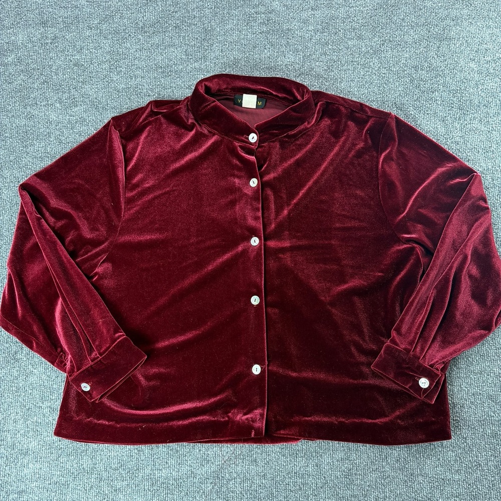 Vintage You Lim USA Burgundy Velvet Mock Neck Button Up Top 1X Fall Old Money